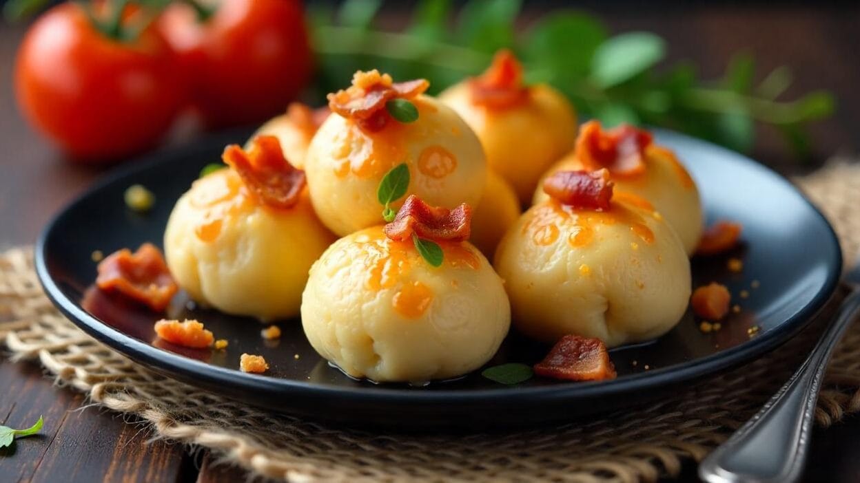 Golden cheese-filled buns topped with crispy bacon bits and herbs.