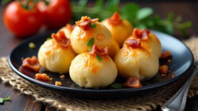 Golden cheese-filled buns topped with crispy bacon bits and herbs.