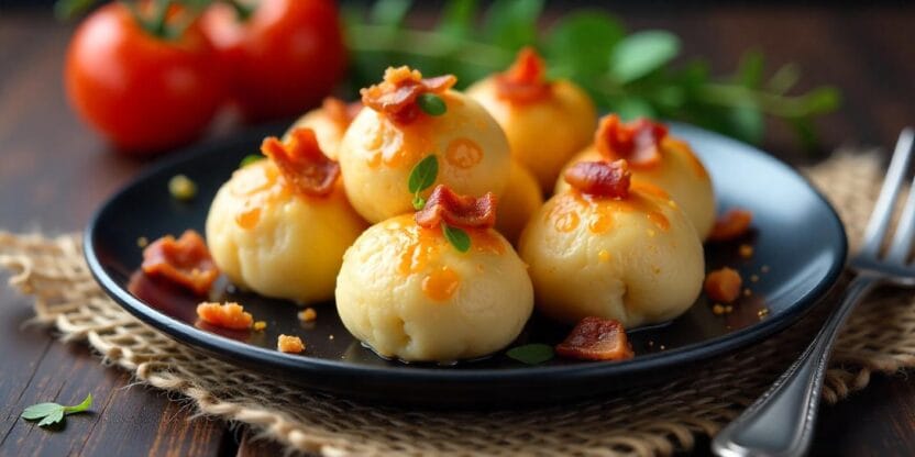 Golden cheese-filled buns topped with crispy bacon bits and herbs.