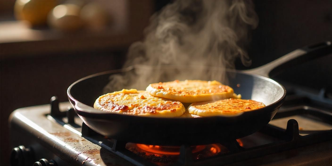 Steaming hot potato pancakes being fried on a pan over an open flame.