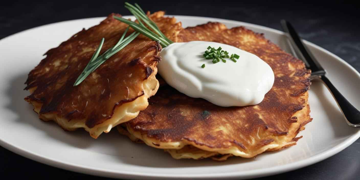 Crispy golden pancakes served with sour cream and fresh rosemary on a white plate.