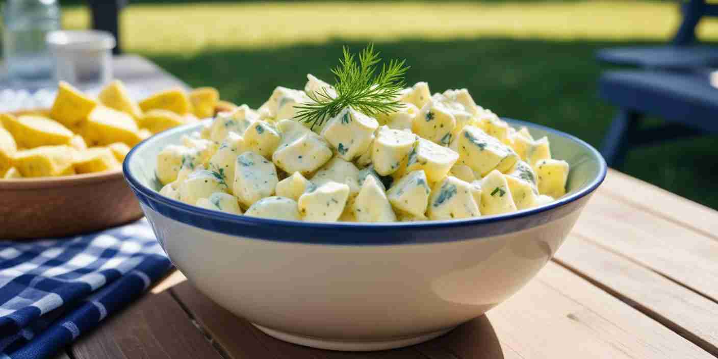 A large bowl of potato salad garnished with dill, placed outdoors on a sunny day.