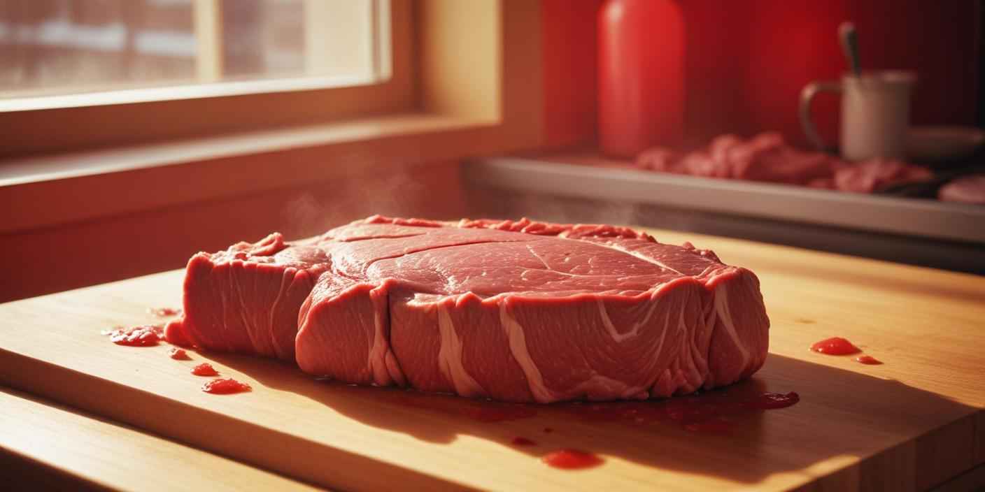 Raw beef steak on a wooden cutting board – A thick cut of raw beef steak placed on a rustic wooden board, illuminated by warm kitchen lighting.