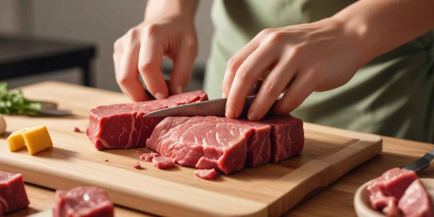 Hands slicing fresh raw beef on a wooden cutting board.