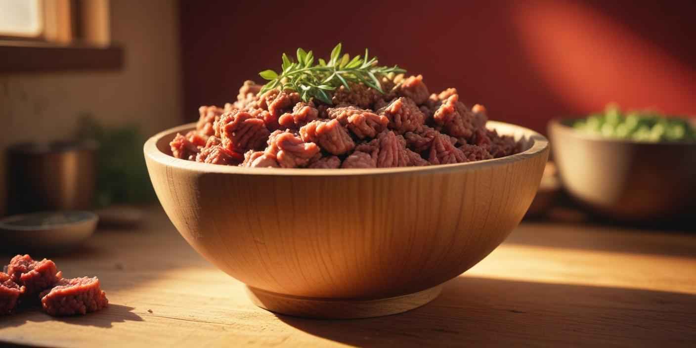 A bowl filled with tender shredded beef, garnished with fresh herbs.