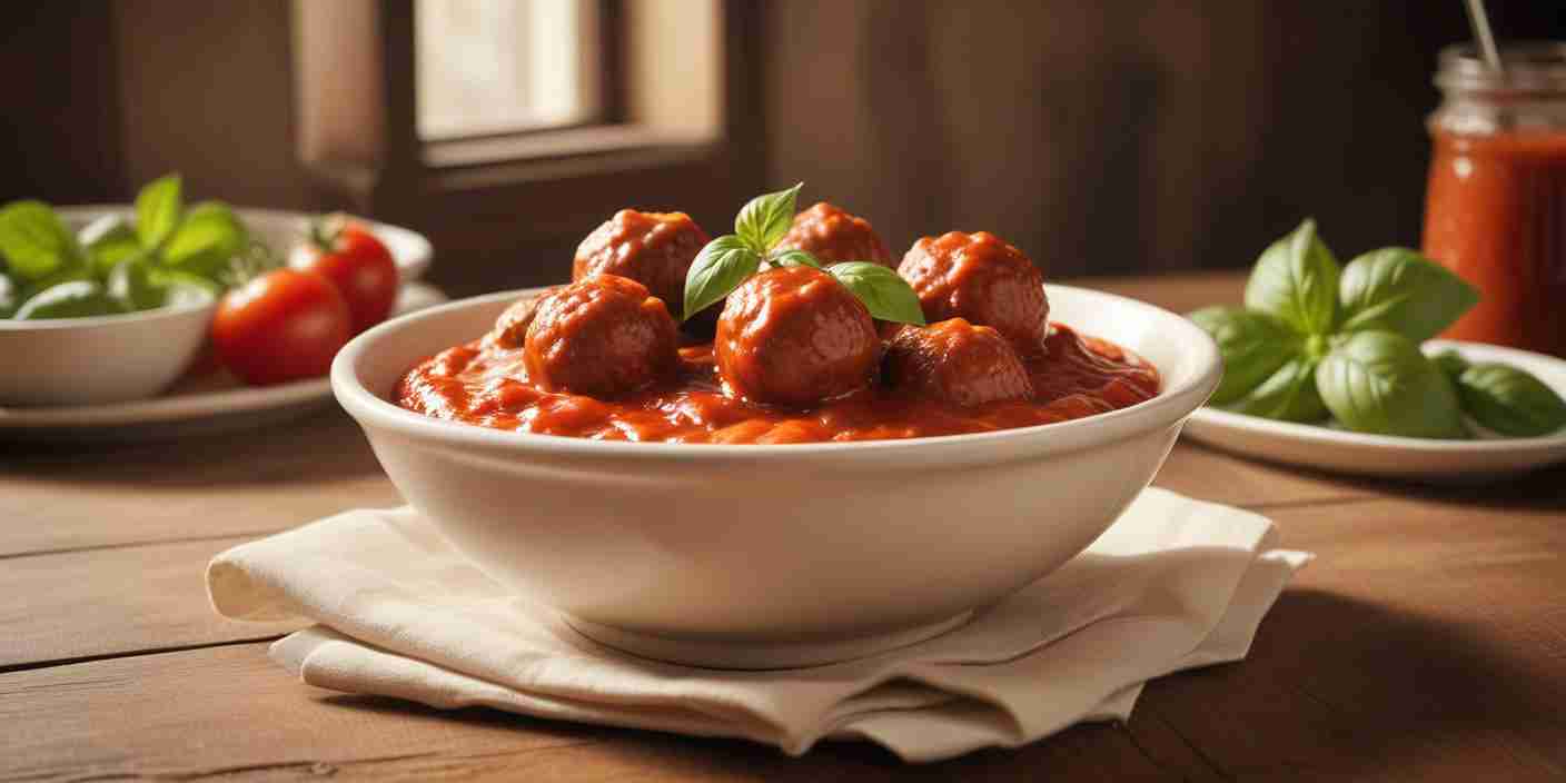 A white bowl filled with juicy meatballs covered in rich tomato sauce, garnished with fresh basil.