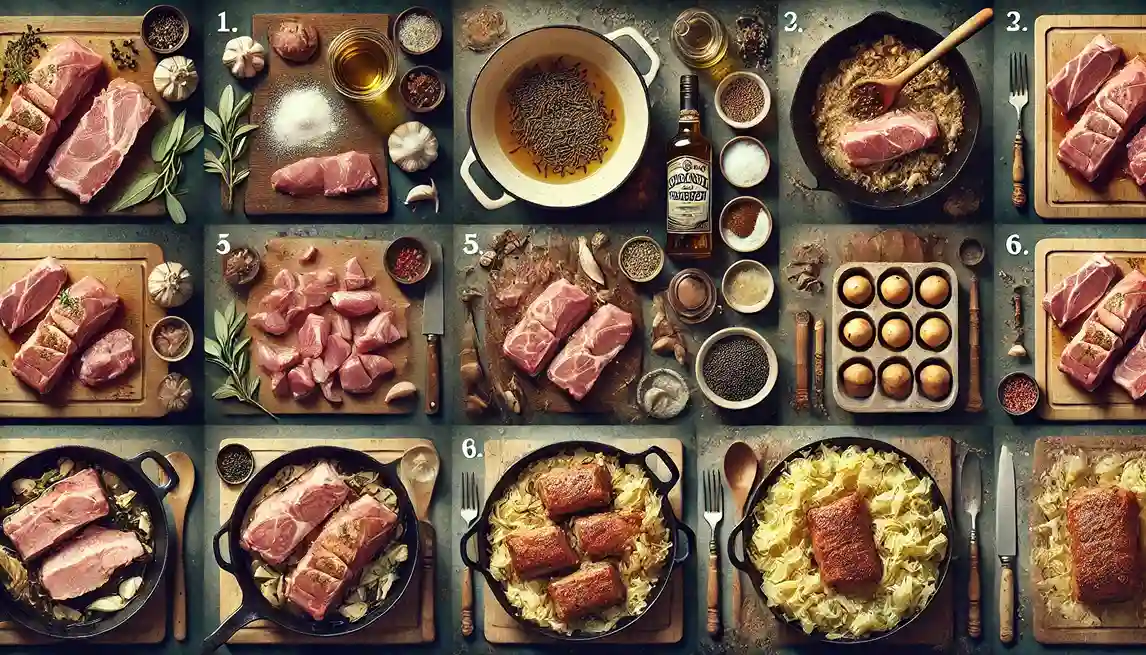 A step-by-step collage of the cooking process for Moravian Sparrow, showing seasoned pork chunks, browning in a pan, simmering with beer or wine, roasting for crispiness, and the final dish served with dumplings and cabbage.