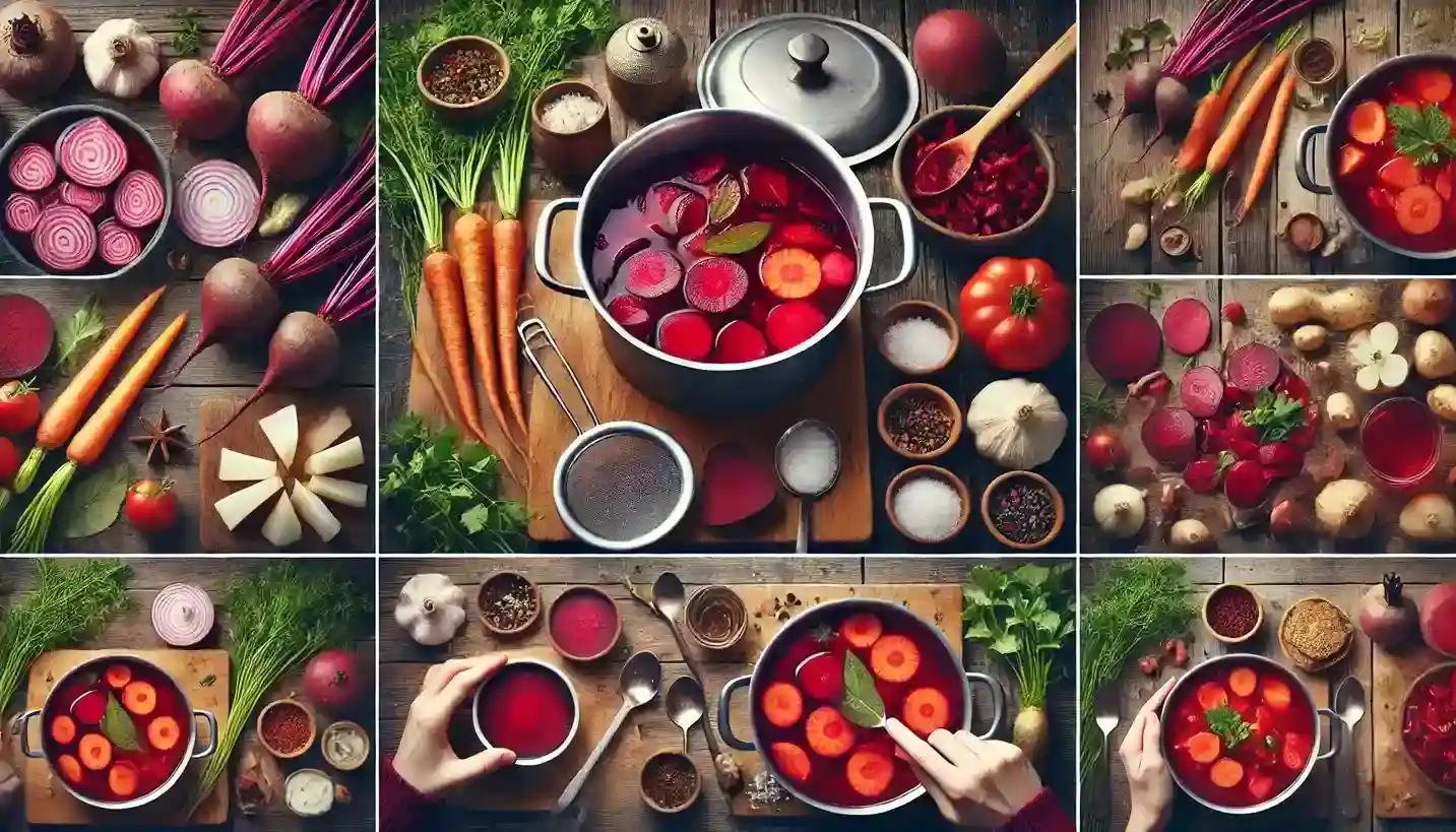 A step-by-step recipe for making red borscht. BookOfFoods