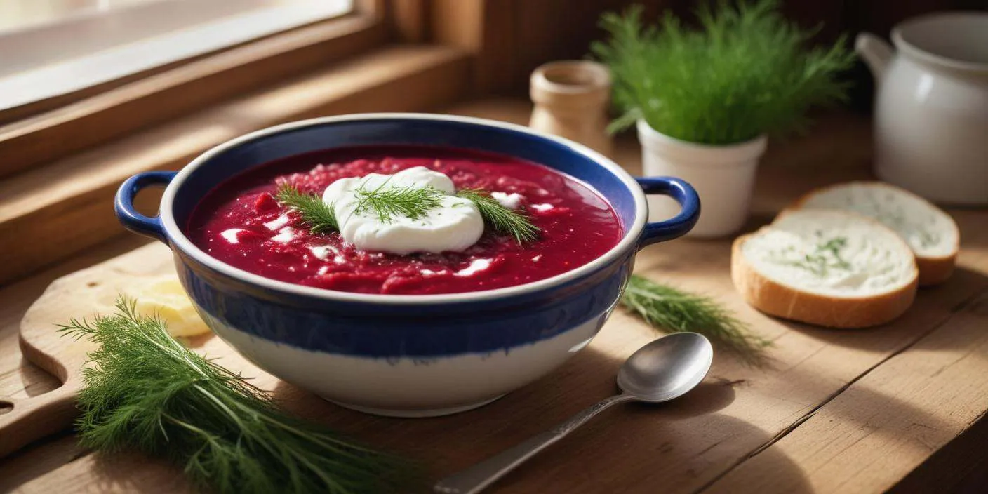 Classic red borscht served in a deep plate. BookOfFoods