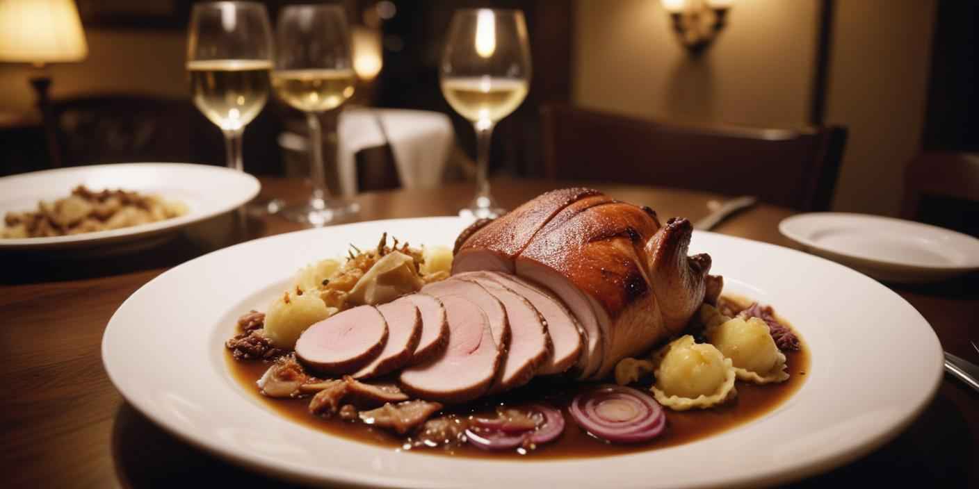 Sliced roasted turkey served with mashed potatoes, red onions, and a rich sauce, accompanied by white wine.