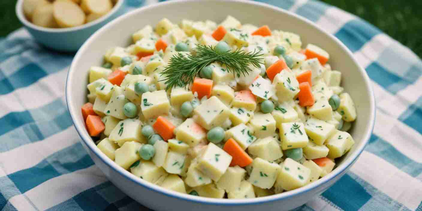 A bowl of creamy potato salad with diced vegetables, garnished with fresh dill.