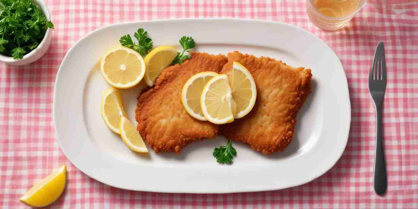 A plate of golden fried schnitzel served with slices of lemon and parsley on a pink gingham tablecloth.