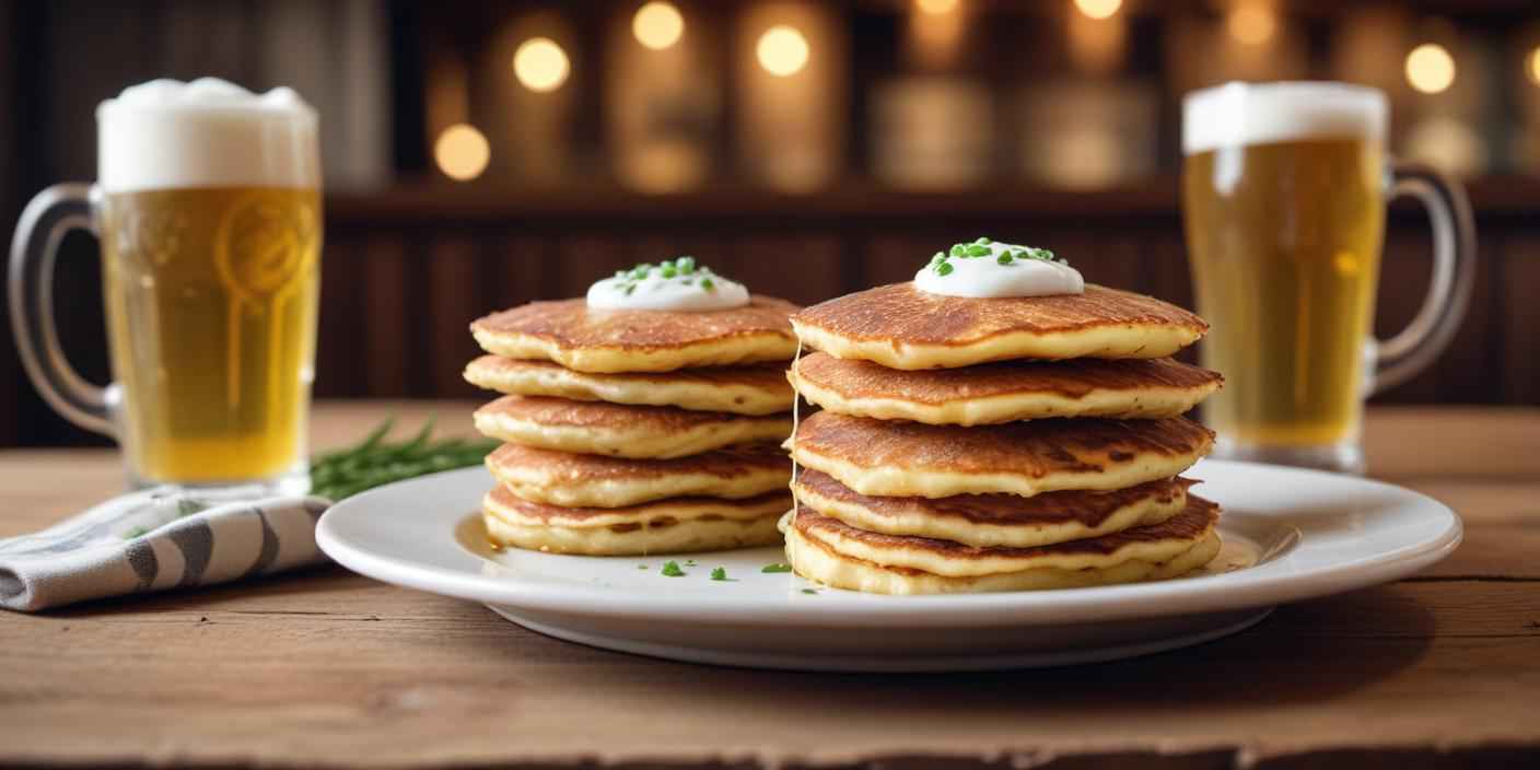 Stacks of golden pancakes topped with sour cream and chives, served in a cozy setting.