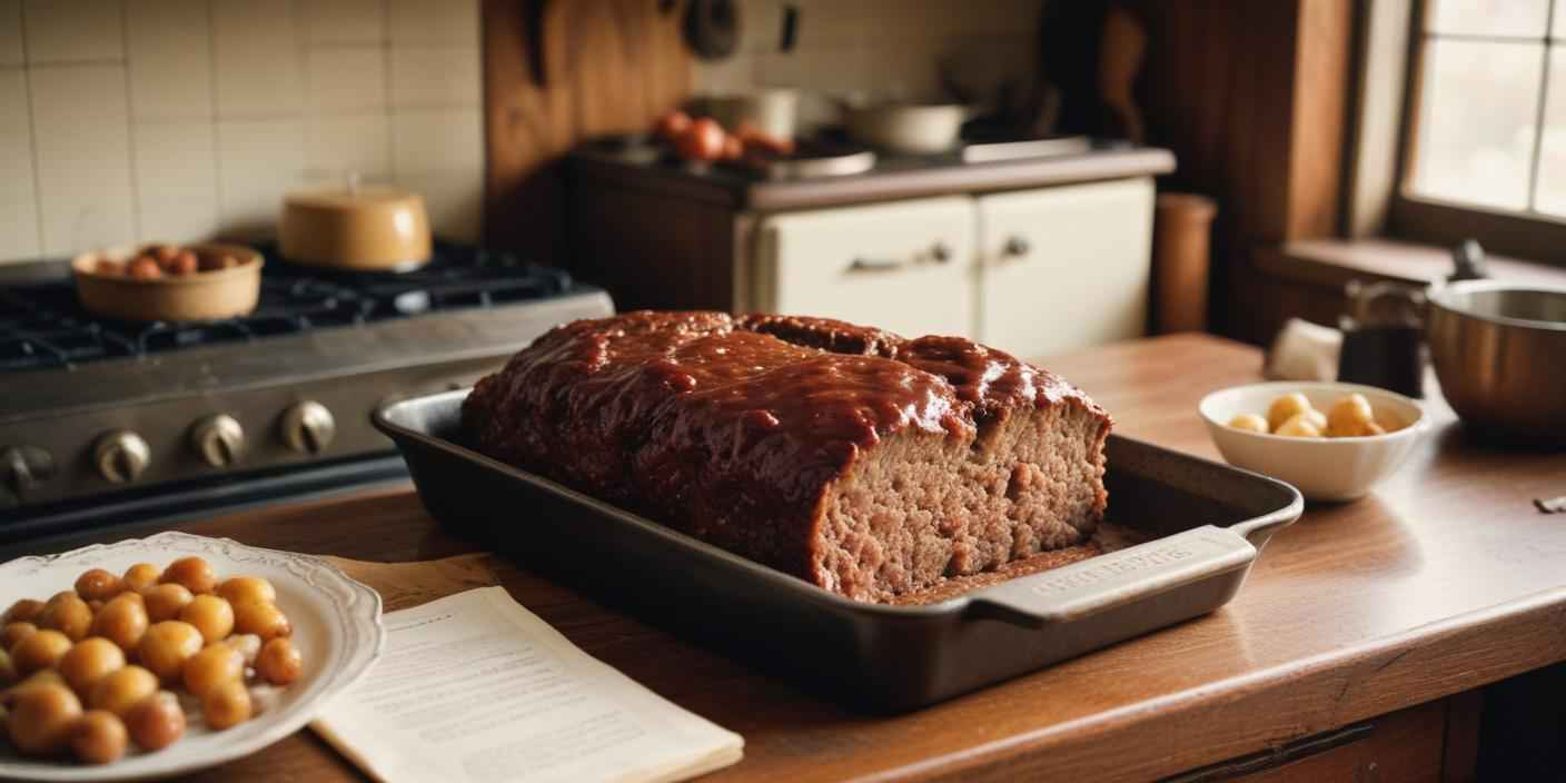 A freshly baked meatloaf in a baking tray, glazed with sauce and ready to serve.