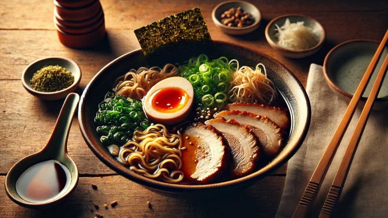 A bowl of ramen noodles topped with sliced pork, a soft-boiled egg, and green onions.