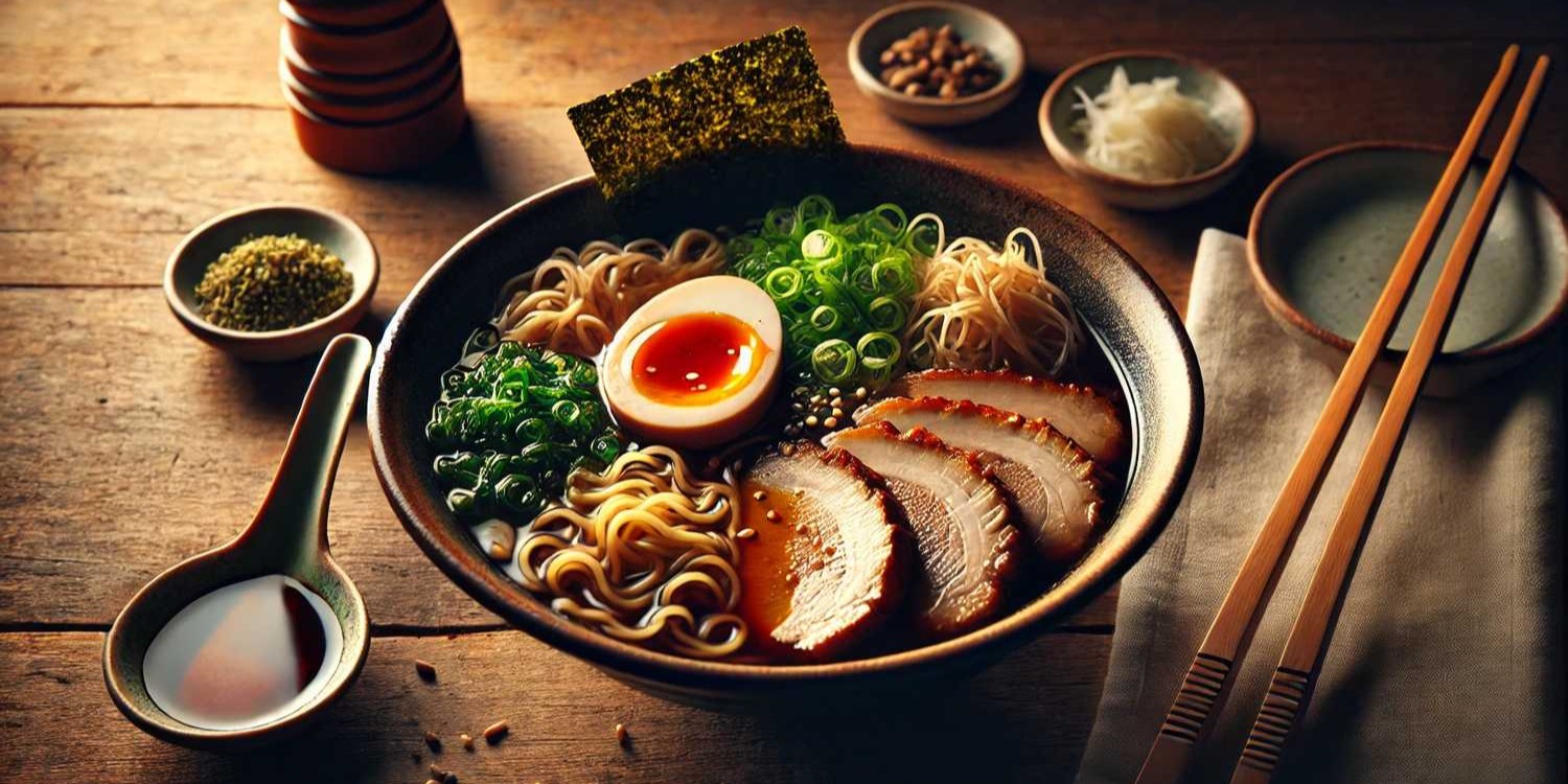 A bowl of ramen noodles topped with sliced pork, a soft-boiled egg, and green onions.