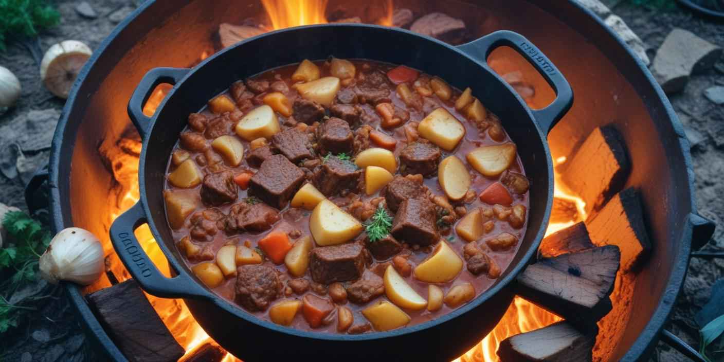 A pot of traditional beef stew with potatoes, simmering over an open fire.