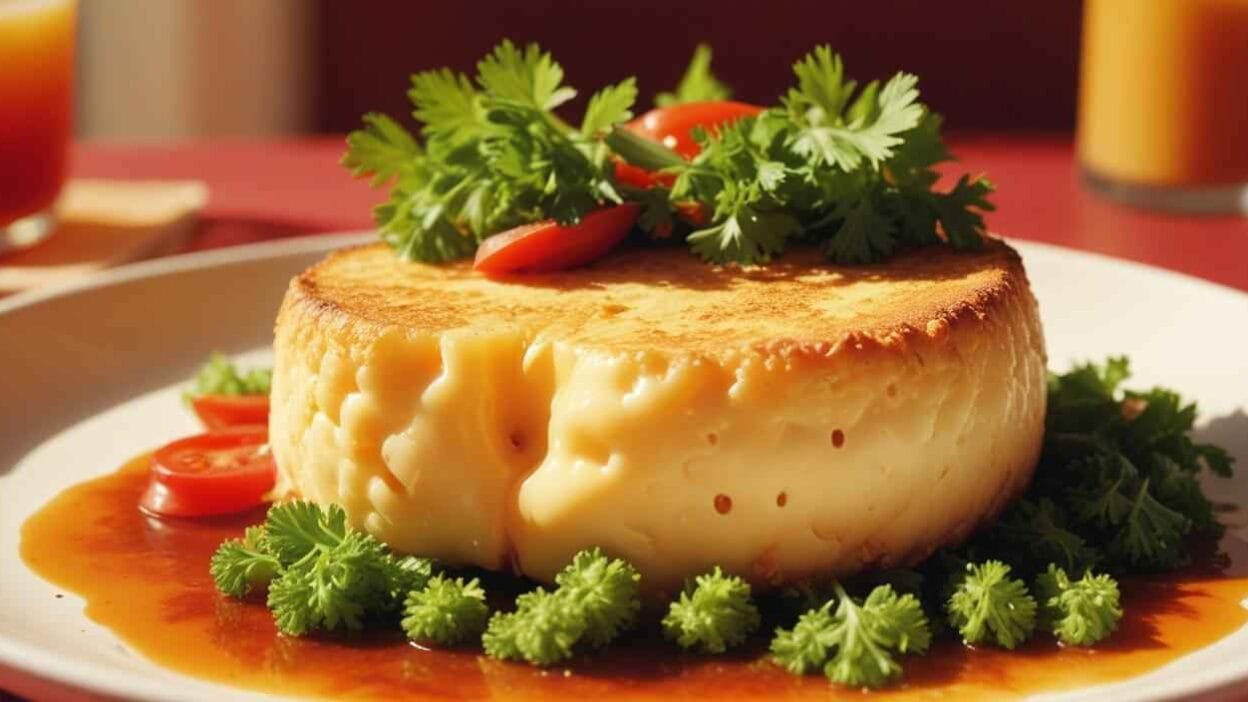 Melted cheese wheel garnished with fresh parsley and red chili peppers.