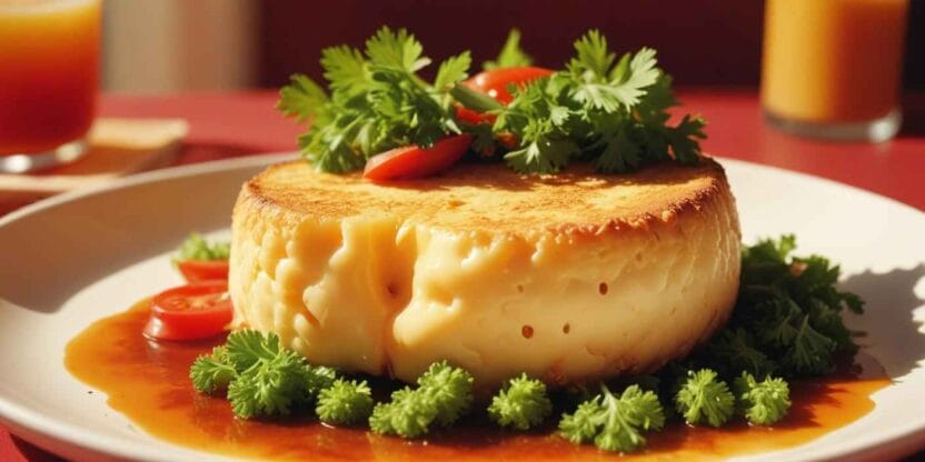 Melted cheese wheel garnished with fresh parsley and red chili peppers.