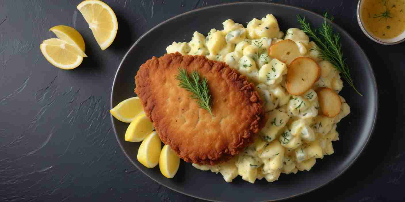 A plate of schnitzel served with mashed potatoes, parsley garnish, and vegetable sides.