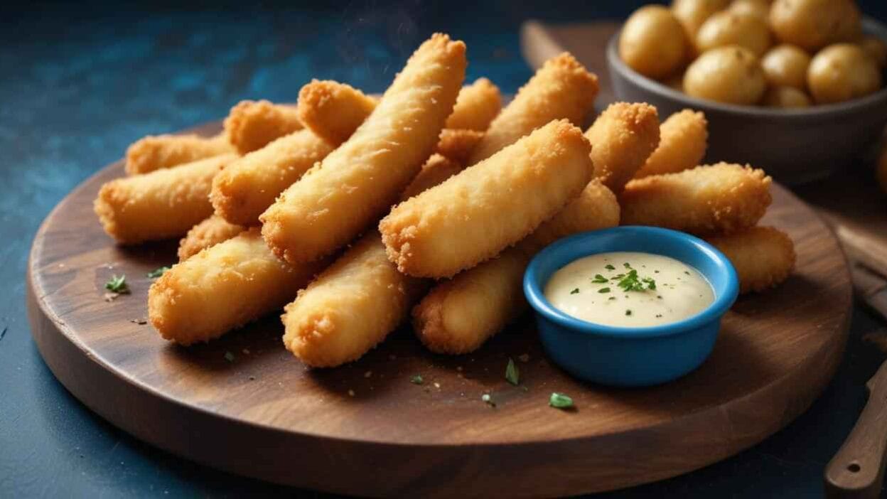Crispy golden fish sticks served on a wooden platter with a side of creamy dipping sauce and a bowl of baby potatoes in the background.