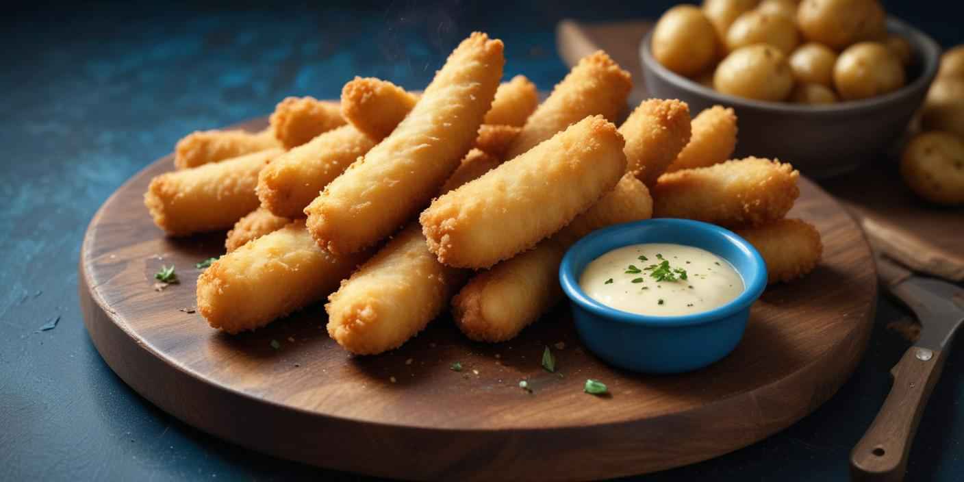 Crispy golden fish sticks served on a wooden platter with a side of creamy dipping sauce and a bowl of baby potatoes in the background.