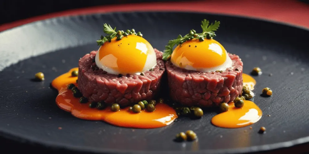 Beef tartare with egg yolk – A fine dining dish featuring fresh beef tartare topped with raw egg yolks and plated with artistic sauce drizzles.