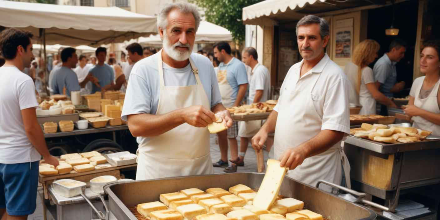 Cheese vendor grilling and serving fresh cheese at an outdoor market.