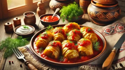 Stuffed Cabbage Rolls in Tomato Sauce – A classic dish of cabbage rolls filled with meat and rice, served in a rich tomato sauce.
