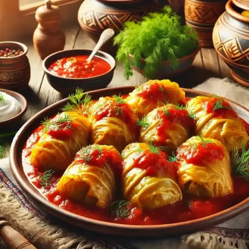 Stuffed Cabbage Rolls in Tomato Sauce – A classic dish of cabbage rolls filled with meat and rice, served in a rich tomato sauce.