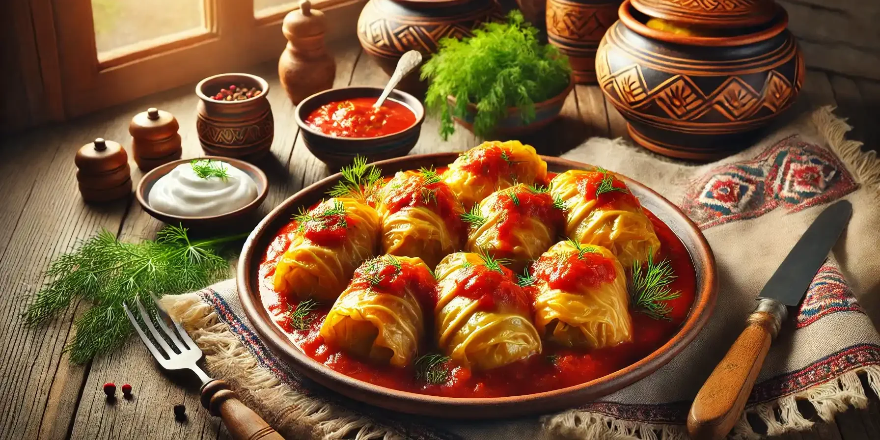 Stuffed Cabbage Rolls in Tomato Sauce – A classic dish of cabbage rolls filled with meat and rice, served in a rich tomato sauce.