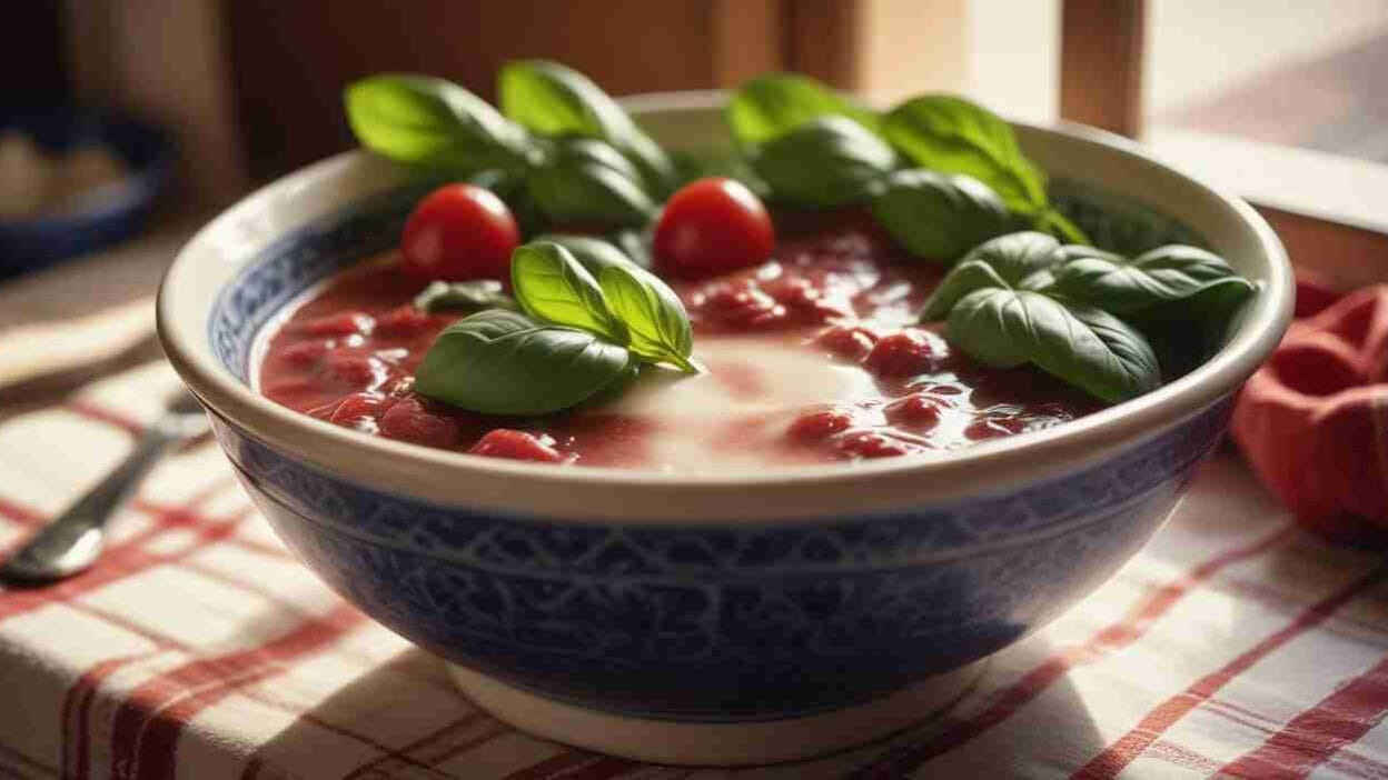 A bowl of berry dessert topped with fresh basil leaves.