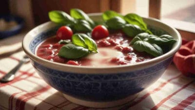 A bowl of berry dessert topped with fresh basil leaves.