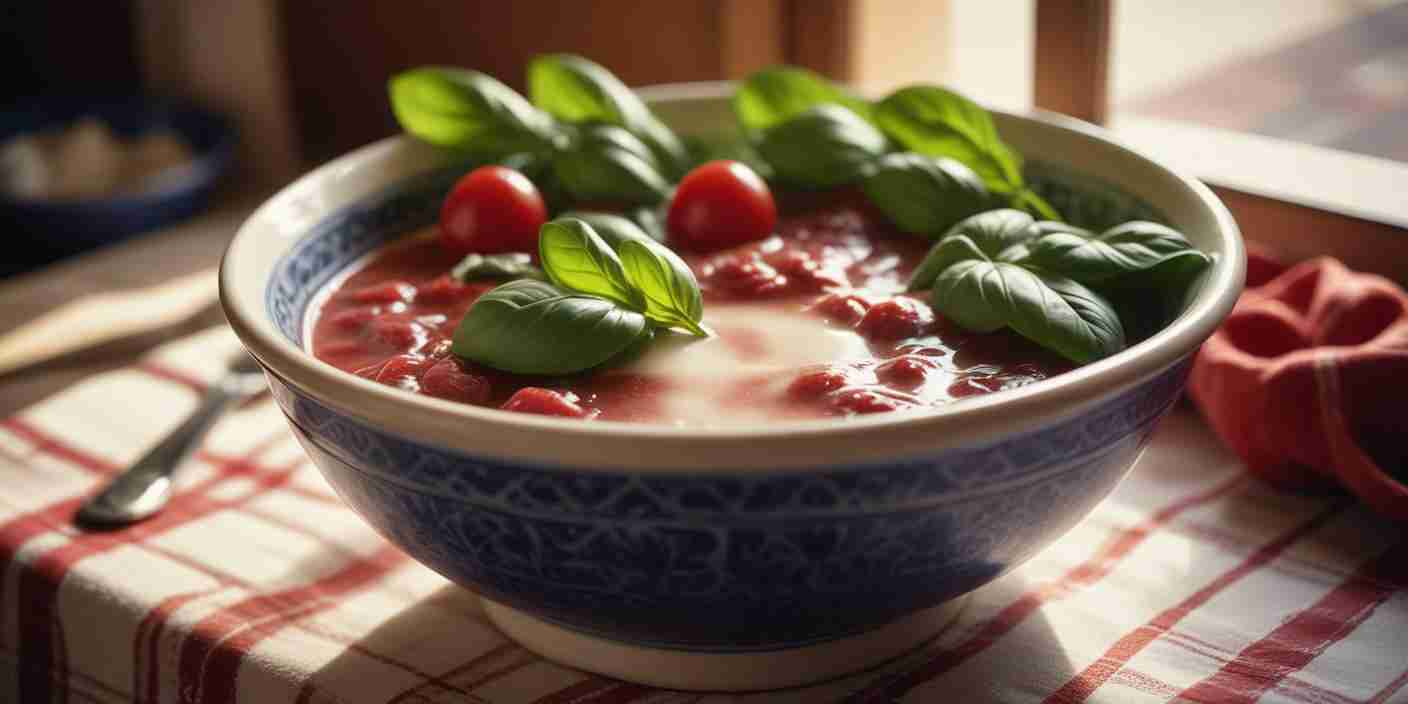 A bowl of berry dessert topped with fresh basil leaves.