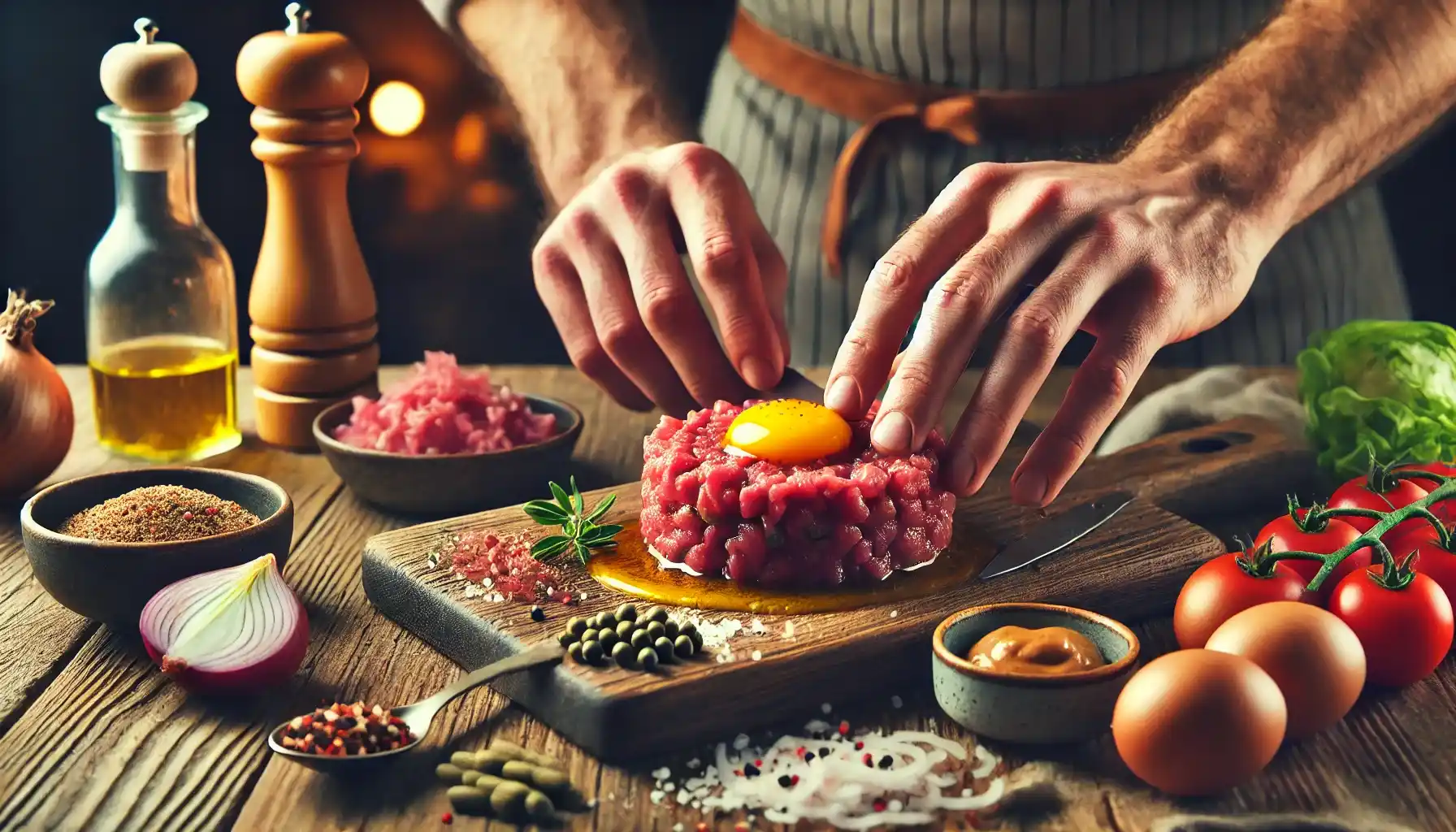 Hands preparing beef tartare – A chef’s hands shaping fresh beef tartare, surrounded by seasonings and garnishes.