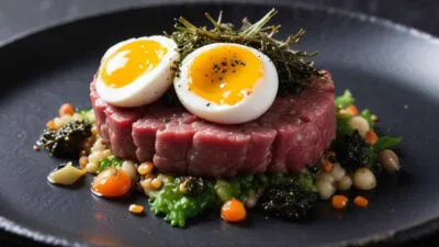 Elegant beef tartare with soft-boiled eggs – A sophisticated beef tartare dish topped with halved soft-boiled eggs, microgreens, and gourmet garnishes.