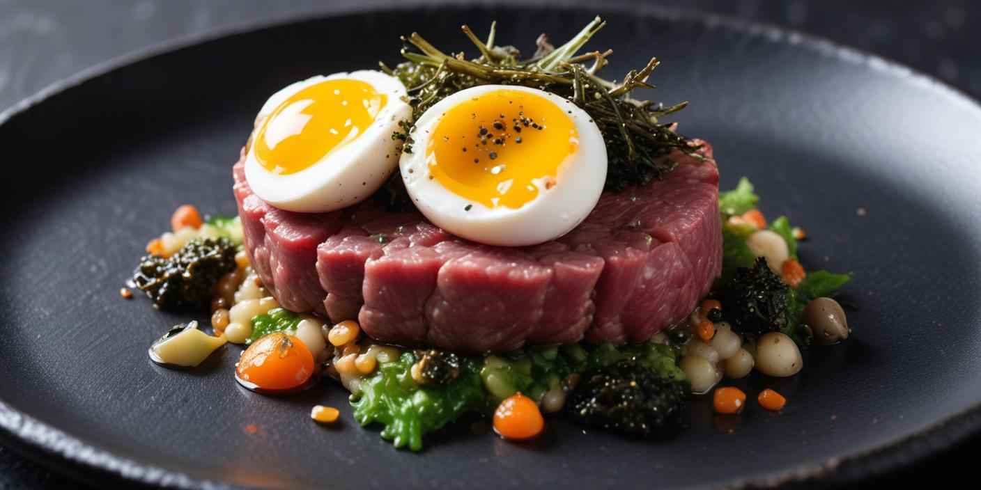 Elegant beef tartare with soft-boiled eggs – A sophisticated beef tartare dish topped with halved soft-boiled eggs, microgreens, and gourmet garnishes.