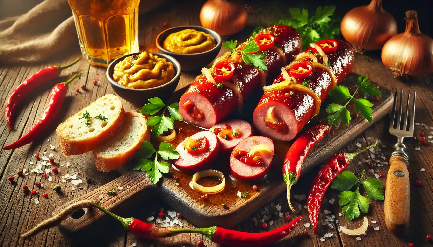 Grilled sausages sliced and served with mustard and fresh herbs. BookOfFoods