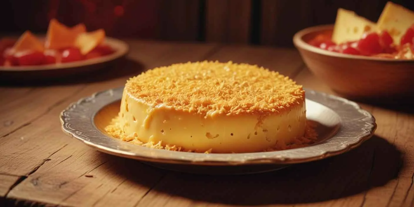 Golden brown cheese flan with a crunchy topping on a rustic wooden table.