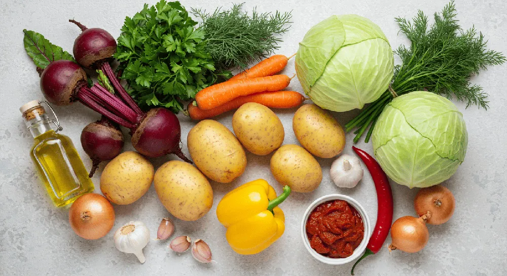 Fresh vegetable ingredients for soup – A colorful assortment of fresh vegetables including carrots, potatoes, cabbage, onions, and garlic, arranged on a kitchen countertop.