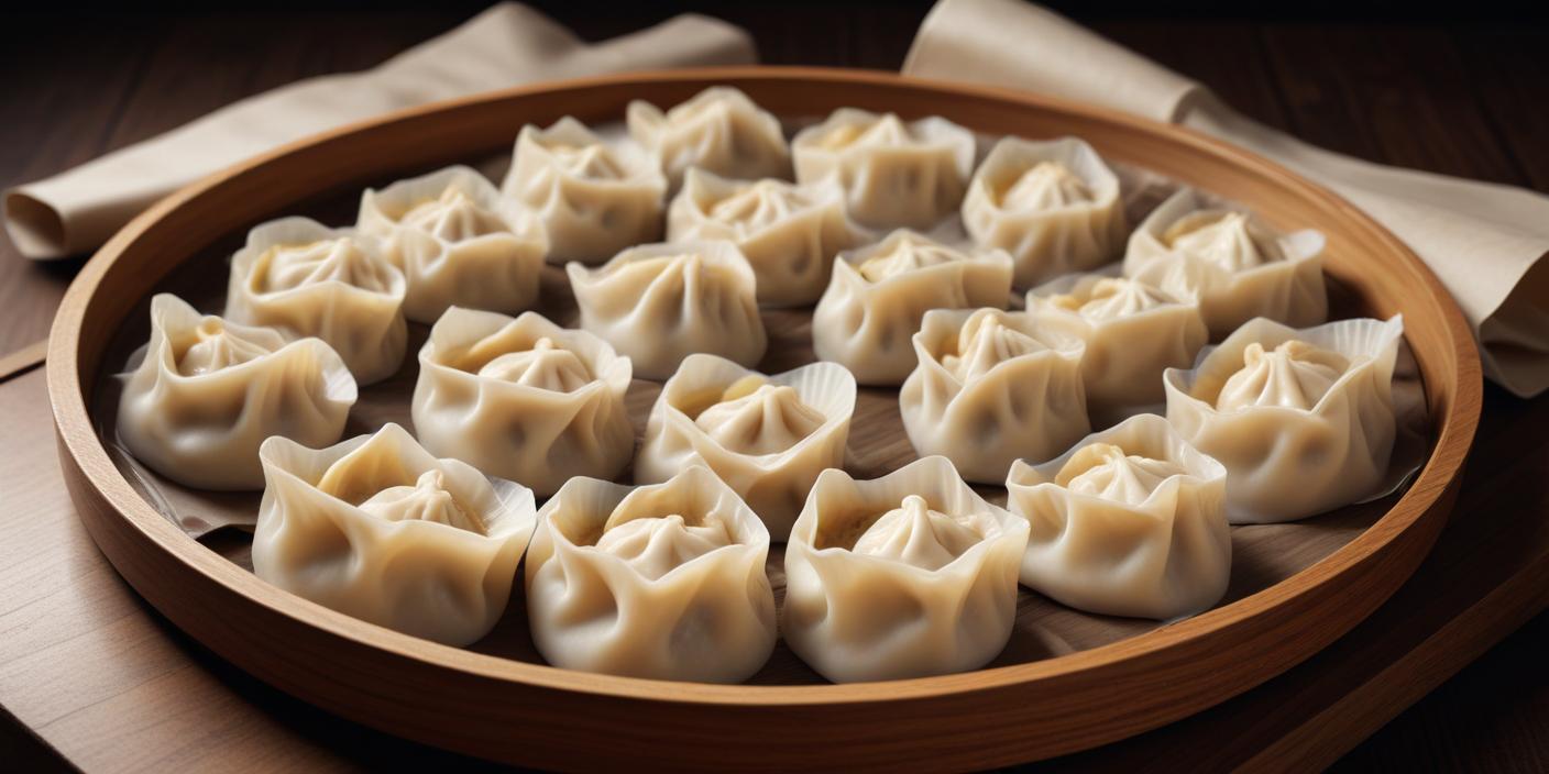 A traditional bamboo steamer filled with freshly steamed dumplings.