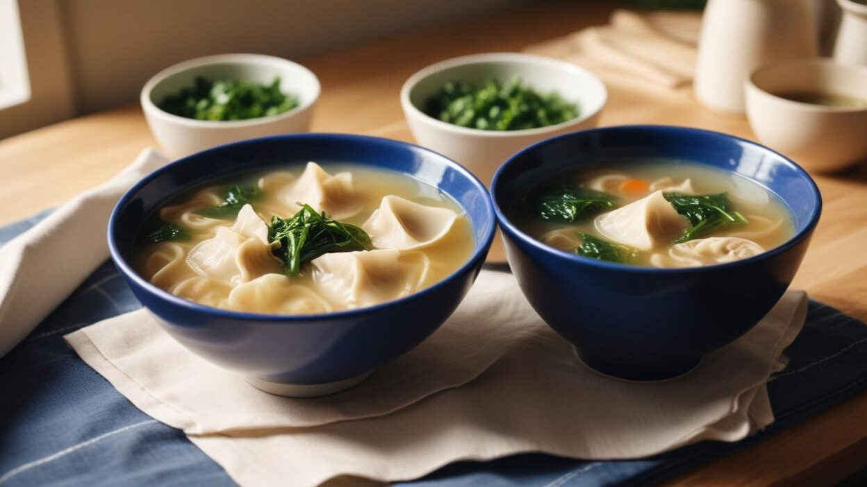 Bowls of steaming hot wonton soup garnished with fresh greens, served on a wooden table.