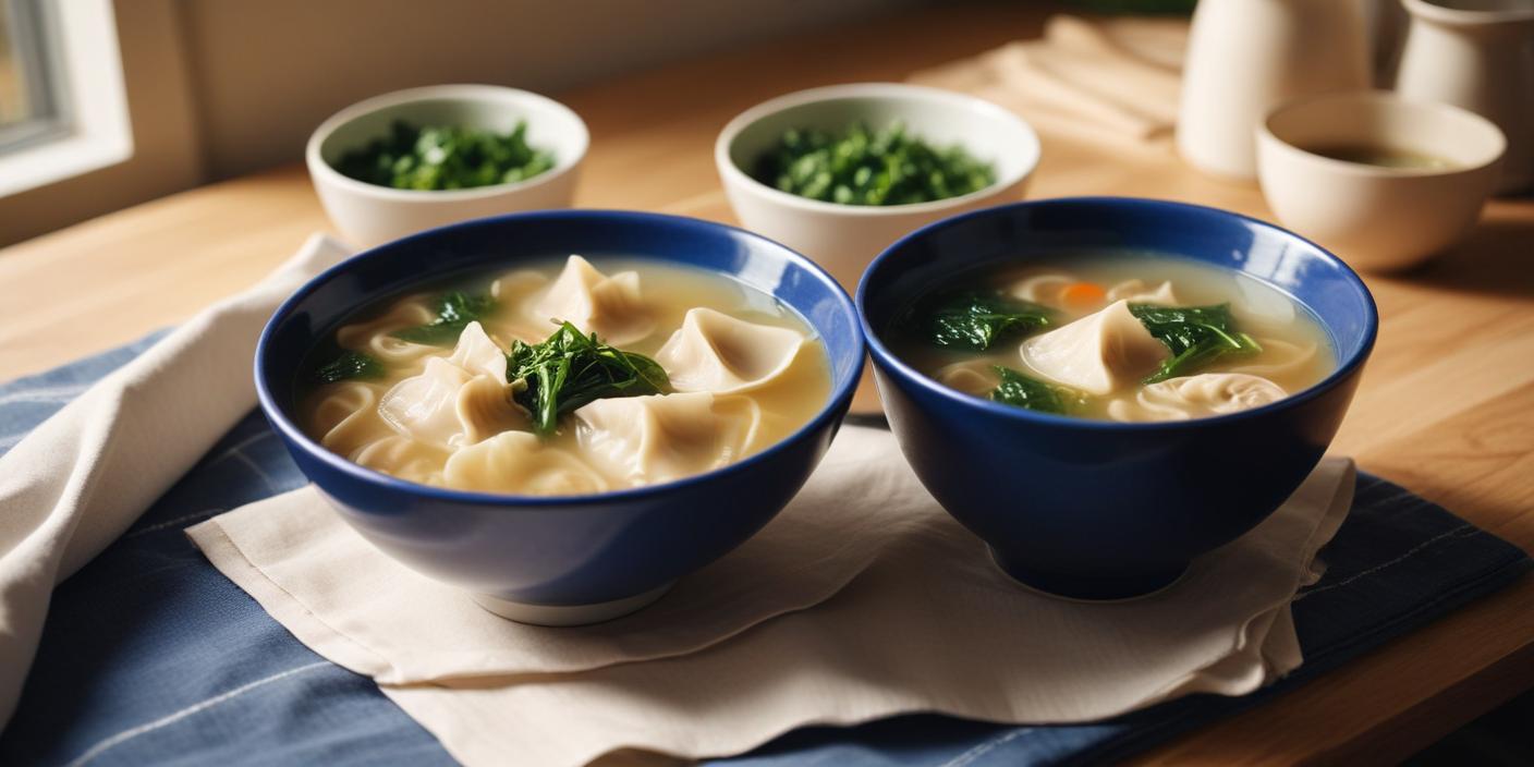 Bowls of steaming hot wonton soup garnished with fresh greens, served on a wooden table.