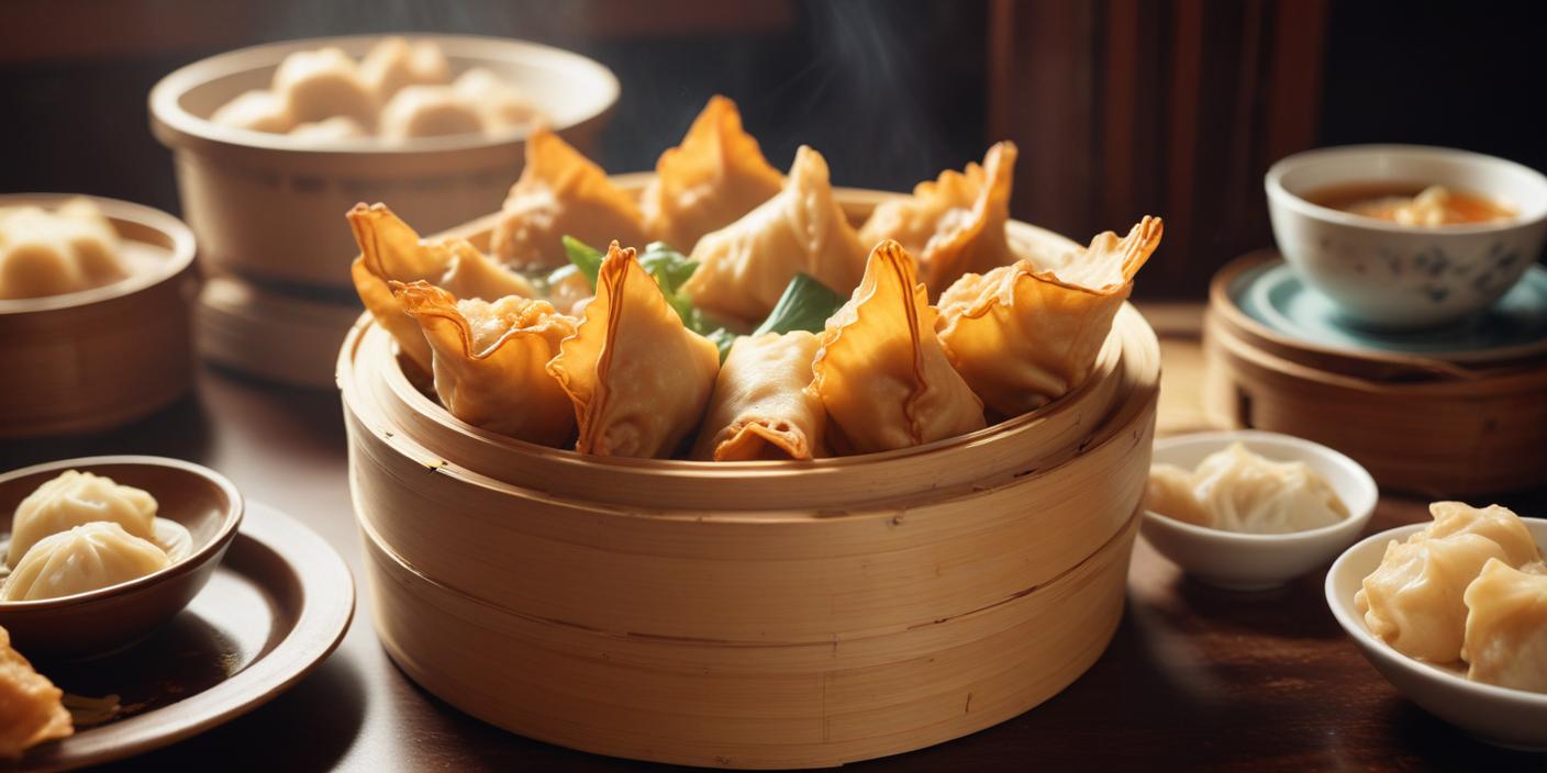 A bamboo steamer filled with crispy golden samosas, arranged neatly.