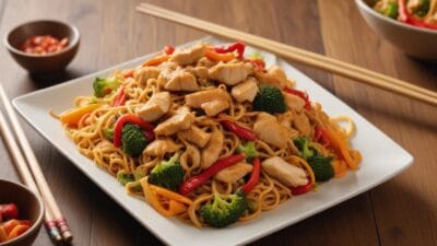 A plate of stir-fried noodles with chicken, broccoli, and red peppers, served with chopsticks.