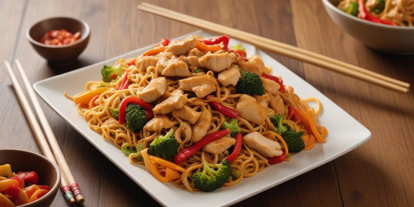 A plate of stir-fried noodles with chicken, broccoli, and red peppers, served with chopsticks.