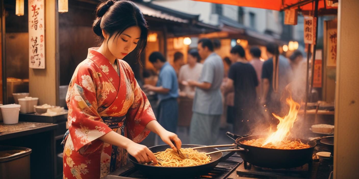 A woman in a traditional outfit frying potato pancakes at an outdoor food market.