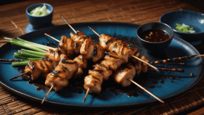 A plate of grilled chicken skewers served with dipping sauce.
