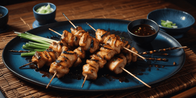 A plate of grilled chicken skewers served with dipping sauce.