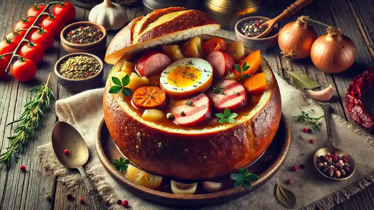 Traditional Polish żurek — sour rye soup served with sausage and boiled eggs.
